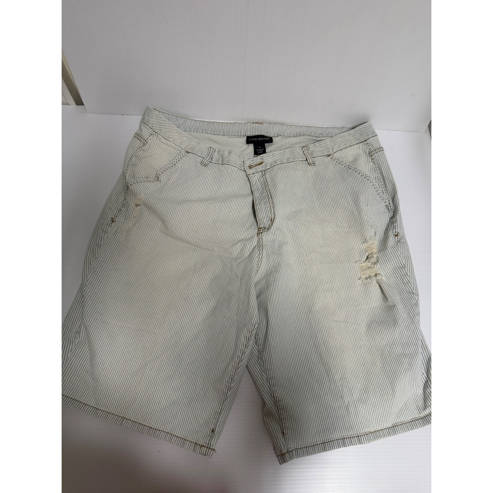 Lane Bryant Striped Distressed Denim Bermuda Shorts Blue White Ticking Stripe 24